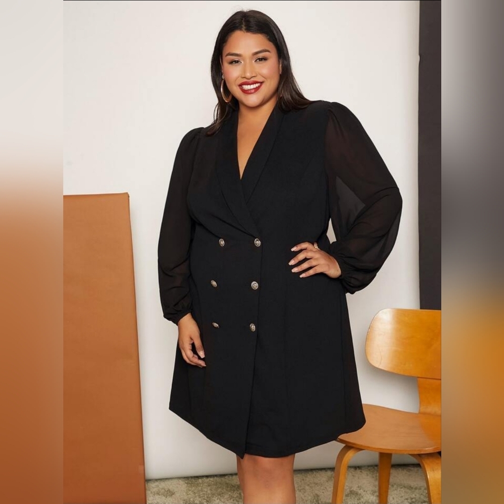 PatPat Black Double-Breasted Puff Sleeve Dress - Picture 2 of 16